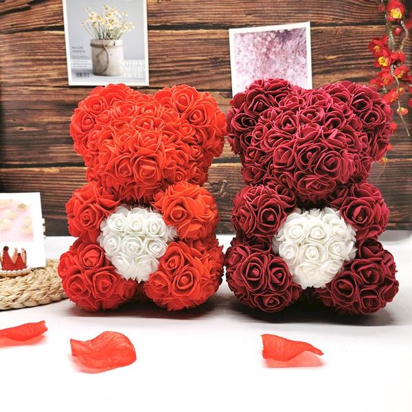 Flores decorativas, oso de peluche rosa de 25cm, regalo del Día de San Valentín, regalos artificiales para madre, decoración de boda, lazo, flor falsa