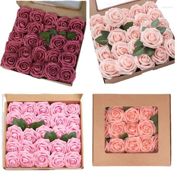 Flores decorativas 25 unids/caja de espuma de PE, rosa artificial, flor falsa, ramo de novia, decoración de boda, arte de colección de recortes, decoración de mesa para el hogar