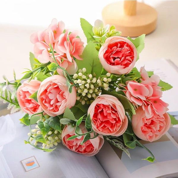 Fleurs décoratives 26cm Fake Peony Silk Rose Artificial Flower Year de Year Decorations Vase for Home Wedding Bouquet Bouquet Indoor