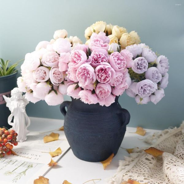 Flores decorativas 27 cabezas de rosa de té pequeñas Flores artificiales ramo boda hogar mano decoración pografía Accesorios