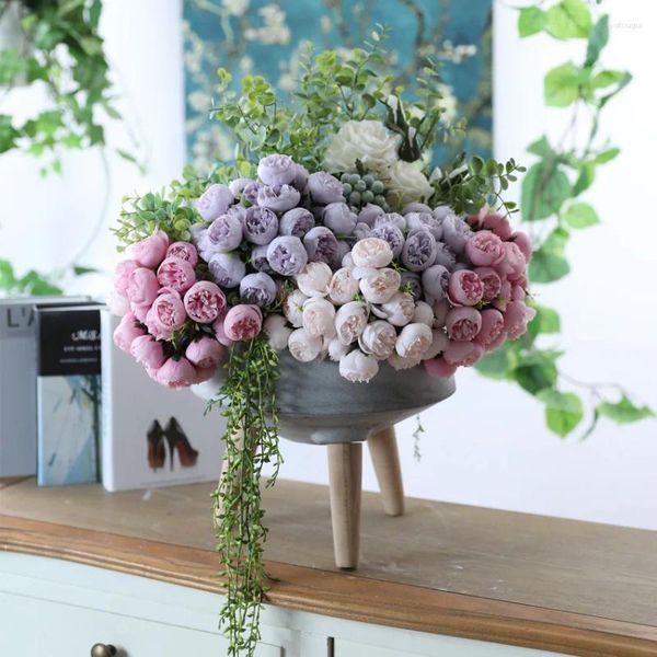 Fleurs décoratives 27 têtes de thé en soie artificielle Rose Bouquet de fleurs de mariage mariée tenant la décoration de Table à la maison artisanat faux Floral