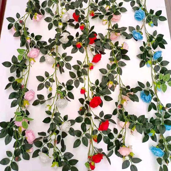 Flores decorativas 28 cabeza de flor rosa vid artificial hoja de hiedra corona de seda boda arco hogar jardín decoración