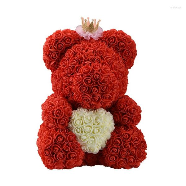 Flores decorativas 28cm DIY Crown Teddy Box Artificial PE Flor Oso Rosa Regalo de San Valentín para novia Mujer Esposa Día de la madre