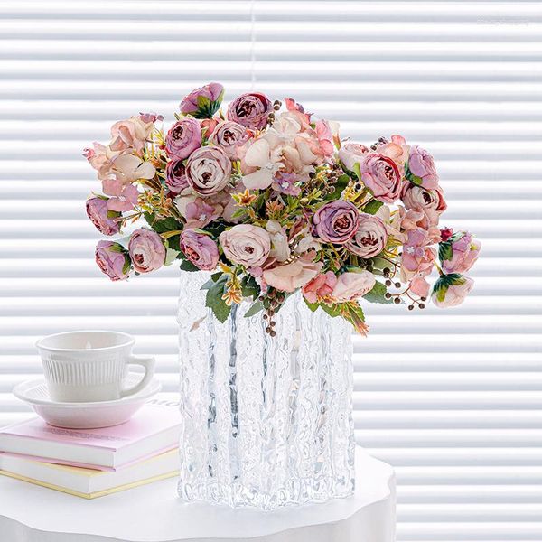 Flores decorativas de seda de 28cm, ramo de brotes de té de flores artificiales, decoración Vintage para boda, hogar, interior, exterior, regalo, artesanía falsa DIY