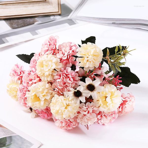 Fleurs décoratives 29 cm de longueur hortensia en soie rose bouquet de fleurs artificielles 15 têtes et 4 bourgeons faux pour la décoration de la maison de mariage en plein air