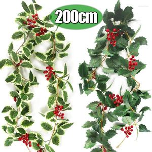 Fleurs décoratives 2M artificielles baies de houx feuilles vertes vigne guirlandes de Noël rouge arbre de Noël suspendus ornements en rotin décoration de l'année