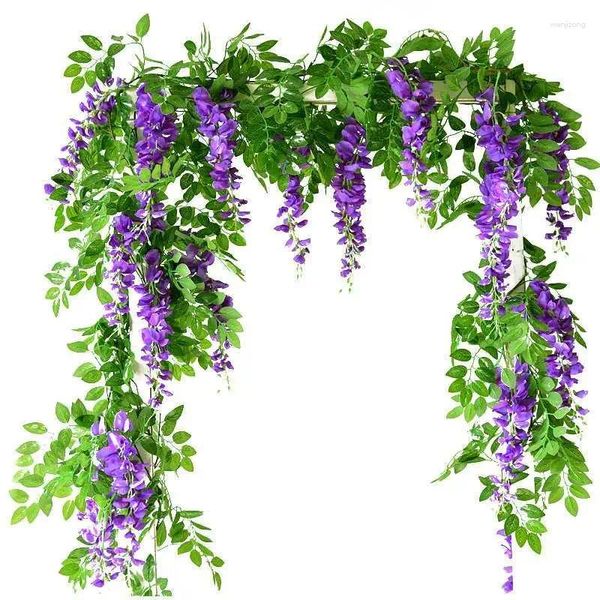 Flores decorativas 2 m Cadena de flores de larga Wisteria Artificial Vine Garland Plantas Follaje al aire libre Inicio de arrastre Decoración de pared colgante falsa