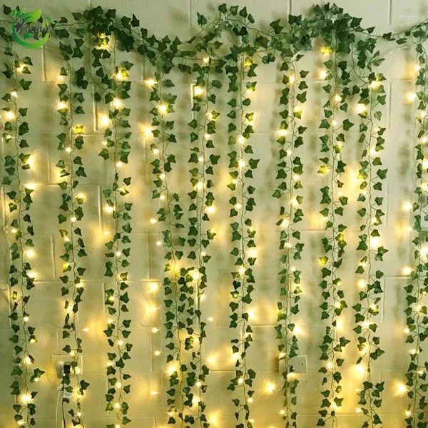 Flores decorativas 2M hojas de seda enredadera falsa hoja verde hiedra vid luces LED de cadena para el hogar boda fiesta colgante guirnalda Artificial