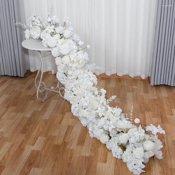 Fleurs décoratives 2m Décoration de fête haut de gamme White Rose Hortensia Artificial Flower Row Wedding Table maître de la pièce maître