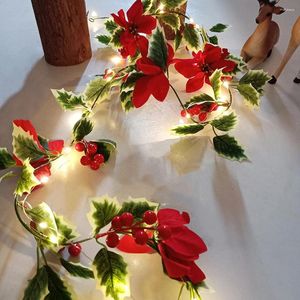 Fleurs décoratives 2Mètre Poinsetttia Garland de Noël avec des baies rouges et des feuilles de houx LED STRING LIGHTS POUR DÉCoration