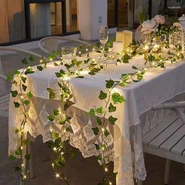 Flores decorativas 2 metros falso hoja verde hiedra vid con luces LED cadena para decoración del dormitorio del hogar boda brillante decoración de plantas artificiales