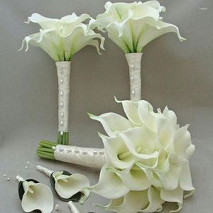 Fleurs décoratives 2PC vraie touche artificielle mariage mariée Bouquets Calla Lily avec feuille faux pour la décoration de fête à la maison