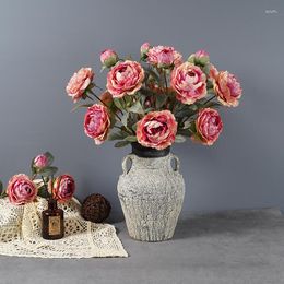 Fleurs décoratives 2 pièces 3 têtes Simulation pivoine Bouquet fleur de soie rétro européen Rose saint valentin cadeau maison toile de fond décoration