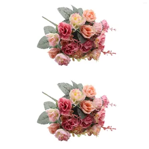 Fleurs décoratives 2pcs 7 branches 21 têtes fausses roses artificielles bricolage jardin table de mariage pièce maîtresse bouquet fête anniversaire avec feuille bureau