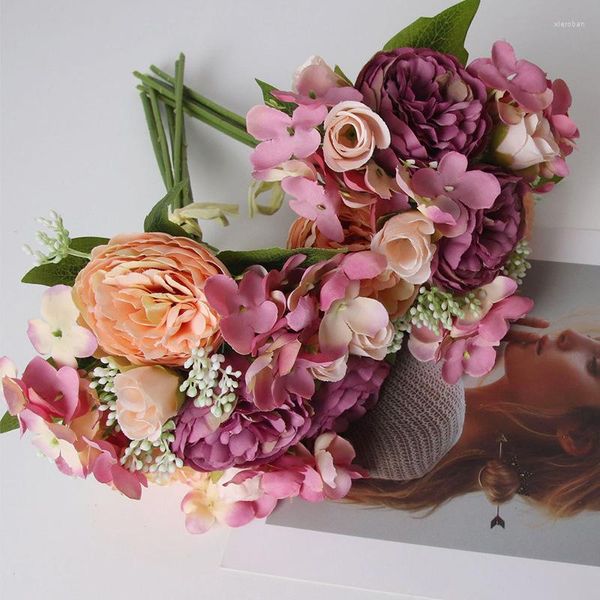 Fleurs décoratives 2pcs 7 tête artificielle persane rose hortensia simulation pivoine bouquet style européen mariage fausse fleur salon
