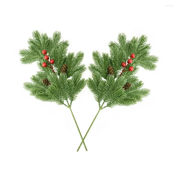 Flores decorativas 2 PCS Ramas de pino de Navidad artificial con baya roja para guirnaldas de bricol