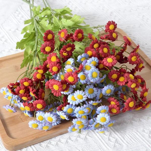 Flores decorativas 2 piezas flor artificiales 6 horquillas 30 cabezas pequeñas margaritas de margaritas holandesas crisantemum seda ramo