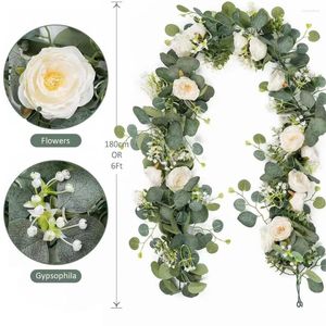 Guirlande de vigne de roses artificielles, 2 pièces, fleurs décoratives, paniers suspendus de 5.9 pieds, plantes avec feuilles blanches et d'eucalyptus, décoration