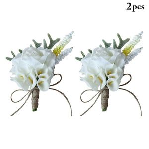 Fleurs décoratives 2 pièces boutonnières soie blanc mariage Corsages et marié fleur mariage bal broche broches