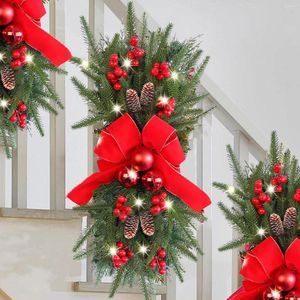 Fleurs décoratives 2pcs Couronne de Noël Arc de couronne de Noël avec lumières extérieures pour la vitre d'entrée sous-trasse