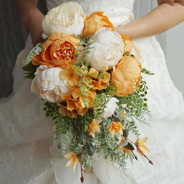 Fleurs décoratives 2 pièces/paquet, série Orange, Simulation de mariée chinoise Penoy tenant une fleur en forme de goutte, Bouquet artificiel de décoration de mariage