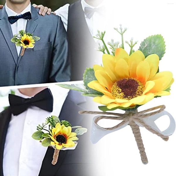 Fleurs décoratives 2 pièces boutonnière de tournesol pour hommes mariage jaune marié avec épingles boutonnières artificielles intérieur