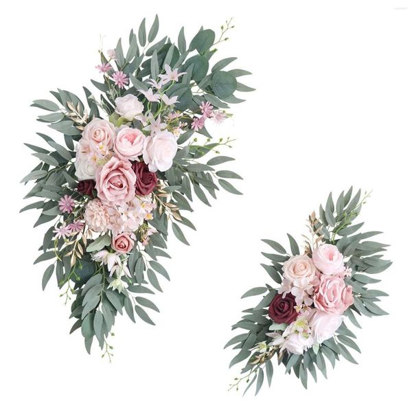 Flores decorativas 2pcs arcio de boda flor de flores rosa artificial para mesa de ventana decoración del hogar retente de recepción hojas falsas corona de puerta