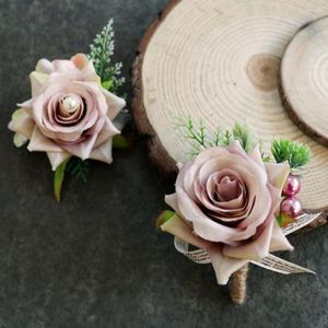 Flores decorativas 2 uds boda Boutonniere ramillete Rosa Artificial flor novios padrinos de boda novia damas de honor rosa champán