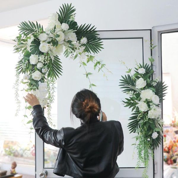 Fleurs décoratives 2pcs Blanc Rose Artificielle Rangée Décor De Mariage Organiser De Luxe Nature Faux Fleur Guirlande Arc Toile De Fond Tenture Florale