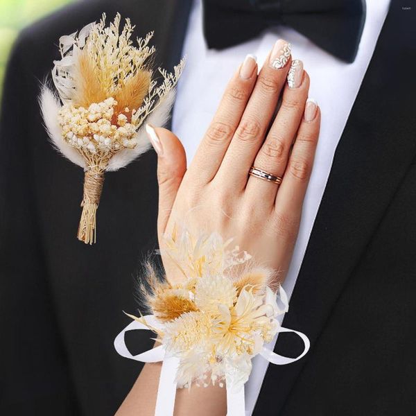 Fleurs décoratives 2 pièces corsage de poignet et boutonnière ensemble bouquet de pampas boho pour mariage hommes femmes marié mariée bal anniversaire décoration
