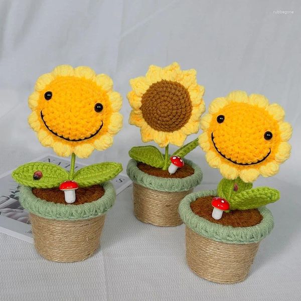 Fleurs décoratives 2styles tricotés à la main visage fleur de soleil en pot mignon fini crochet artificiel fête de mariage festival décoration d'anniversaire