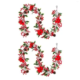 Fleurs décoratives 2x 6,3ft Berry Red Christmas Garland Poinsettia artificiel avec des cônes en pin