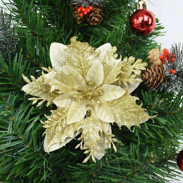 Fleurs décoratives 3/5 / 10pcs Golden Christmas Tree Flower Ornements de Noël décoration artificielle décoration pour la maison