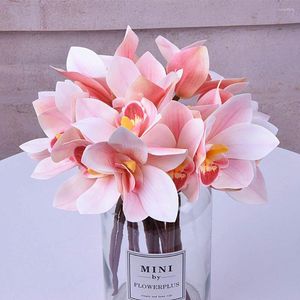 Fleurs décoratives 3 Bouquets 4 Têtes Blanc Rose Vert Real Touch Orchidée En Plastique 25 cm Décoration De Fête De Mariage Artificielle