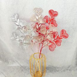 Fleurs décoratives 3 fourk glitter en or poudre en forme de coeur Simulate feuilles plantes artificielles décoration de Noël fête de mariage à la maison