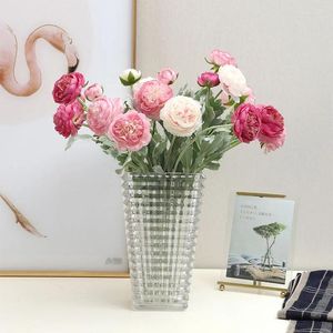 Fleurs décoratives 3 têtes de pivoine simulée en soie, bouquet unique, rosée en herbe, fleur de lotus, arrangement de décoration de salon, ornement romantique