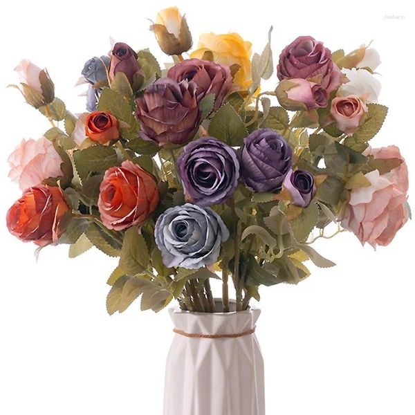 Fleurs décoratives 3 têtes bouquet artificiel mini rose pour mariage nuptial anniversaire floral fête à domicile plantes de décoration de décoration