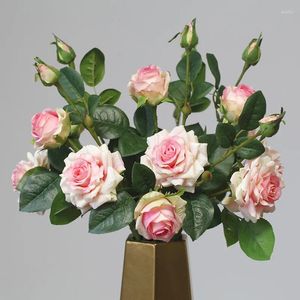 Decoratieve bloemen 3 hoofden Hoge kwaliteit Rose Fake Kunstmatige Handgevoel Mosturizing Planten Thuis Woonkamer Kantoor Feestdecoratie