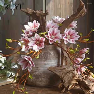 Fleurs décoratives 3 têtes pu magnolia artificiel fleur branche salle de table de table d'accueil accessoires de décoration de Noël arrangement floral poti