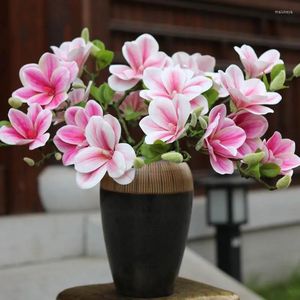 Fleurs décoratives 3 têtes vraie touche grande branche de fleurs artificielles de Magnolia pour la Table de mariage décoration de la maison PU faux