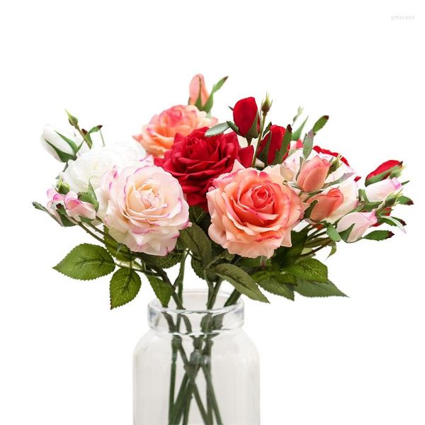 Fleurs décoratives 3 têtes Real Touch Roses mariage pivoine artificielle soie velours fleur bouquet de mariée décor à la maison décoration de fête