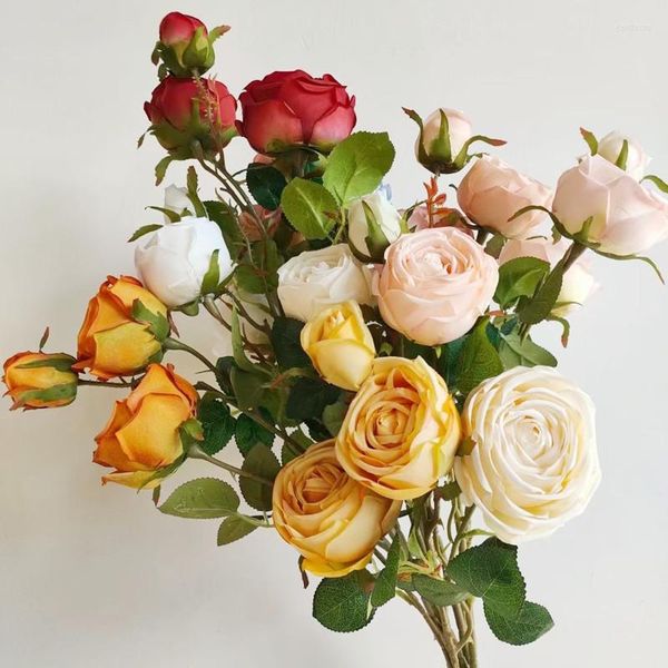 Fleurs décoratives 3 têtes Rose Bouquet Artificielle Blanc Pivoine Thé Fleur De Soie Pour DIY Maison Jardin Décoration De Mariage Camélia Faux