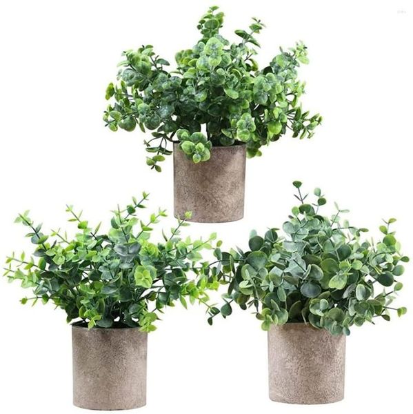 Fleurs décoratives Lot de 3 plantes artificielles en pot Faux Eucalyptus Romarin Verdure en pots Petites plantes d'intérieur pour décor de table d'intérieur