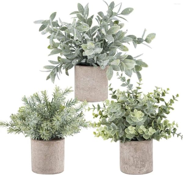 Fleurs décoratives 3 pack mini-plats en pot de plantes artificielles eucalyptus plastique artificiel pour le bureau de bureau de bureau à domicile décor de la salle de ferme