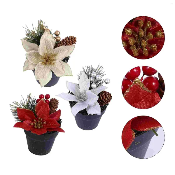 Fleurs décoratives 3 PCS Poinsetttia de fleur de soie artificielle Faux Mini Tablette de Noël Arbre de Noël Décor de faux ornement Plante en pot à la maison