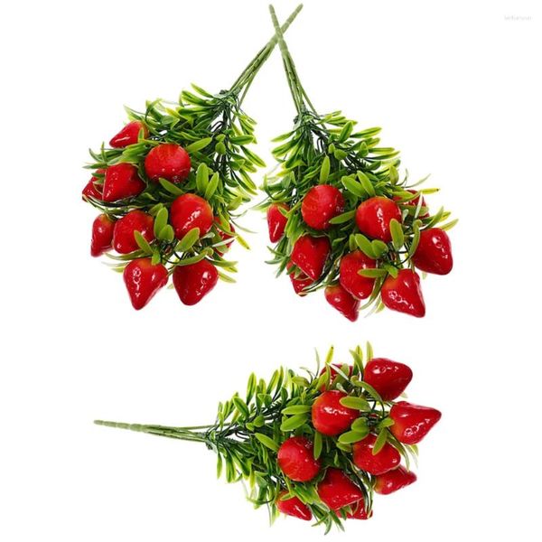 Fleurs décoratives 3 pcs baies simulées fraises fausses tiges de fête décorations de fruits extérieurs