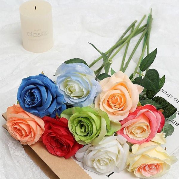 Fleurs décoratives 3 pièces filé soie artificielle bleu Rose cassé glace faux équateur vraie touche pour cadeau maison mariage décoration