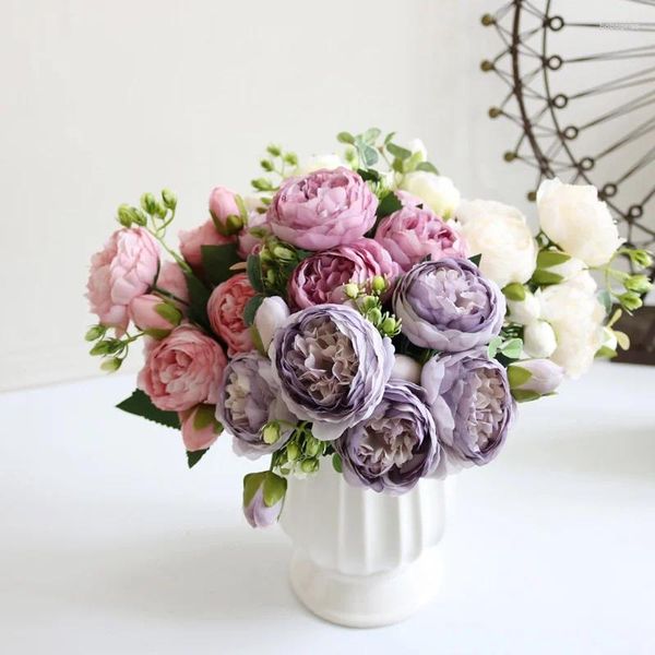 Fleurs décoratives 30cm 5 Color Bouquet Péonies artificielles Accessoires Accessoires de mariage Scrapbook Fausses plantes DIY POMPONS ROSE