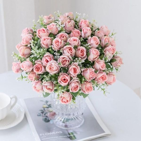 Fleurs décoratives 30 cm 5 fourchettes 10 têtes petit bourgeon rose bouquet de soie mariée tenant un vase artificiel pour la maison décoration accessoires d'intérieur