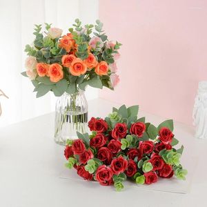 Fleurs décoratives 30 cm Rose de soie de bouquet artificiel avec eucalyptus feuille de fleurs de pivoine fausses plantes pour la décoration de vase maison de fête de mariage